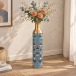 Sand Lattice Metal Flower Vase – Slate Blue Triangle decorative metal vase shown in a styled room scene.