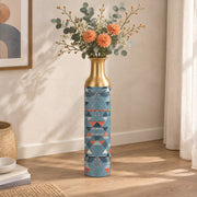 Sand Lattice Metal Flower Vase – Slate Blue Triangle decorative metal vase shown in a styled room scene.