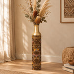 Sand Lattice Metal Flower Vase – Cocoa Gold Triangle decorative metal vase shown in a styled room scene.