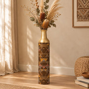 Sand Lattice Metal Flower Vase – Cocoa Gold Triangle decorative metal vase shown in a styled room scene.