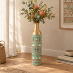 Sand Lattice Metal Flower Vase – Sage Sprig Triangle decorative metal vase shown in a styled room scene.