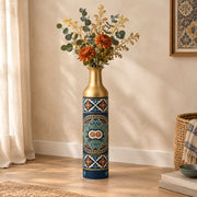 Lagoon Tile Metal Flower Vase – Deep Navy Rosette Tile decorative metal vase shown in a styled room scene.