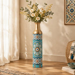 Lagoon Tile Metal Flower Vase – Turquoise Rosette Tile decorative metal vase shown in a styled room scene.