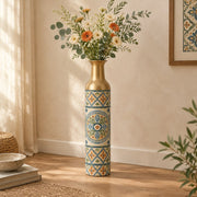 Lagoon Tile Metal Flower Vase – Aged Sand Rosette Tile decorative metal vase shown in a styled room scene.