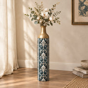 Baroque Scroll Metal Flower Vase – Deep Ink Acanthus Column decorative metal vase shown in a styled room scene.