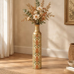 Baroque Scroll Metal Flower Vase – Chalk Ivory Terracotta Frond decorative metal vase shown in a styled room scene.