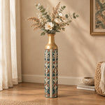 Baroque Scroll Metal Flower Vase – Sage Slate Acanthus Panel decorative metal vase shown in a styled room scene.