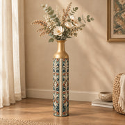 Baroque Scroll Metal Flower Vase – Sage Slate Acanthus Panel decorative metal vase shown in a styled room scene.