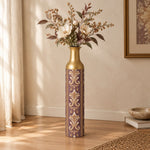 Baroque Scroll Metal Flower Vase – Dusty Plum Volute Relief decorative metal vase shown in a styled room scene.