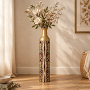 Baroque Scroll Metal Flower Vase – Oxblood Champagne Scrollwork decorative metal vase shown in a styled room scene.