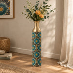Cobalt Roundel Metal Flower Vase – Graphite Saffron Bloom decorative metal vase shown in a styled room scene.