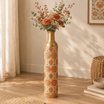 Cobalt Roundel Metal Flower Vase – Sand Coral Roundel decorative metal vase shown in a styled room scene.