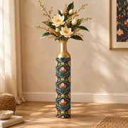 Gilded Jaali Metal Flower Vase – Deep Ink Gold Trellis decorative metal vase shown in a styled room scene.