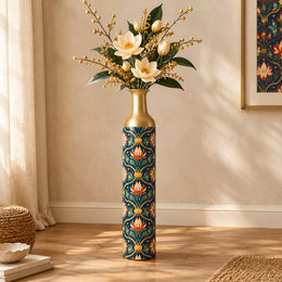 Gilded Jaali Metal Flower Vase – Deep Ink Gold Trellis decorative metal vase shown in a styled room scene.