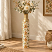 Gilded Jaali Metal Flower Vase – Chalk Ivory Rosette decorative metal vase shown in a styled room scene.