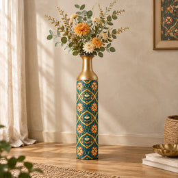 Gilded Jaali Metal Flower Vase – Oxide Teal Vine Scroll decorative metal vase shown in a styled room scene.