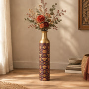 Gilded Jaali Metal Flower Vase – Dusky Plum Trellis decorative metal vase shown in a styled room scene.