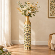 Gilded Jaali Metal Flower Vase – Sand Indigo Lozenge decorative metal vase shown in a styled room scene.