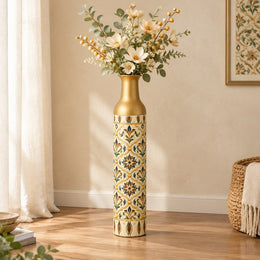 Gilded Jaali Metal Flower Vase – Sand Indigo Lozenge decorative metal vase shown in a styled room scene.