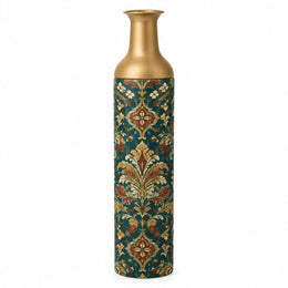 Verdigris Damask Metal Flower Vase – Deep Patina Acanthus Scroll decorative metal vase shown in a product view.