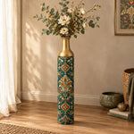 Verdigris Damask Metal Flower Vase – Deep Patina Acanthus Scroll decorative metal vase shown in a styled room scene.