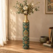 Verdigris Damask Metal Flower Vase – Deep Patina Acanthus Scroll decorative metal vase shown in a styled room scene.