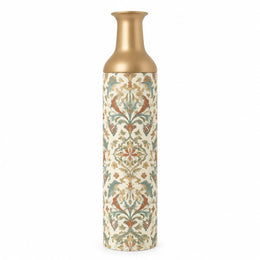Verdigris Damask Metal Flower Vase – Chalk Hairline Contour Ornament decorative metal vase shown in a product view.