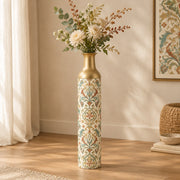 Verdigris Damask Metal Flower Vase – Chalk Hairline Contour Ornament decorative metal vase shown in a styled room scene.
