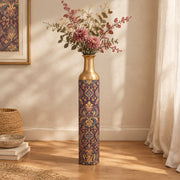 Verdigris Damask Metal Flower Vase – Dusky Plum Silhouette Vines decorative metal vase shown in a styled room scene.