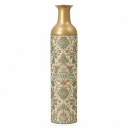 Verdigris Damask Metal Flower Vase – Sun Bleached Frieze Bands decorative metal vase shown in a product view.