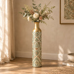 Verdigris Damask Metal Flower Vase – Sun Bleached Frieze Bands decorative metal vase shown in a styled room scene.
