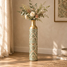 Verdigris Damask Metal Flower Vase – Sun Bleached Frieze Bands decorative metal vase shown in a styled room scene.