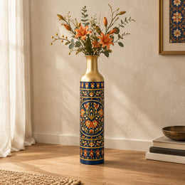 Saffron Meena Metal Flower Vase – Deep Sapphire Rosette Medallion decorative metal vase shown in a styled room scene.