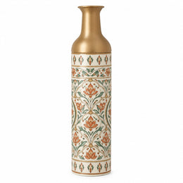 Saffron Meena Metal Flower Vase – Chalk Ivory Outline Column decorative metal vase shown in a product view.