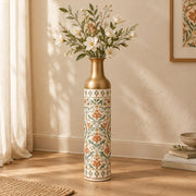 Saffron Meena Metal Flower Vase – Chalk Ivory Outline Column decorative metal vase shown in a styled room scene.