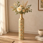 Saffron Meena Metal Flower Vase – Sand Saffron Leaf Register decorative metal vase shown in a styled room scene.