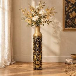 Gilt Ogee Metal Flower Vase – Deep Lacquer Blossom Panel decorative metal vase shown in a styled room scene.