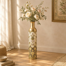 Gilt Ogee Metal Flower Vase – Chalk Ivory Hairline Register decorative metal vase shown in a styled room scene.