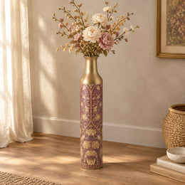 Gilt Ogee Metal Flower Vase – Dusty Rose Silhouette Cameo decorative metal vase shown in a styled room scene.