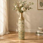 Gilt Ogee Metal Flower Vase – Bleached Sand Gilt Sprig decorative metal vase shown in a styled room scene.