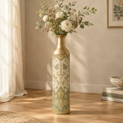 Gilt Ogee Metal Flower Vase – Bleached Sand Gilt Sprig decorative metal vase shown in a styled room scene.