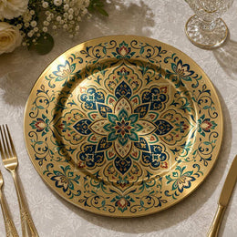 Mandala Ramadan Decorative Plastic Plate – Gold Medallion full-print plastic serving tray shown in a product view.