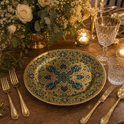 Mandala Ramadan Decorative Plastic Plate – Gold Medallion full-print plastic serving tray shown in a styled room scene.