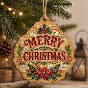 Merry Christmas Round MDF Wood Hanging Wall Decor – Poinsettia hanging wall decor with printed artwork and cut silhouette.