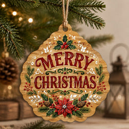 Merry Christmas Round MDF Wood Hanging Wall Decor – Poinsettia hanging wall decor with printed artwork and cut silhouette.