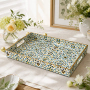 Modern Botanical Glass Serving Tray with Metallic Handles