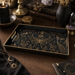 Mystic Black Gold Plastic Serving Tray – Moth Snake Beetle plastic serving tray shown in a rectangular product view.