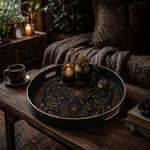 Mystic Black Gold Plastic Serving Tray – Moth Snake Beetle plastic serving tray shown in a round styled scene.