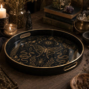 Mystic Black Gold Plastic Serving Tray – Moth Snake Beetle plastic serving tray shown in a round product view.