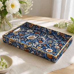 Navy Blue Floral Print Plastic Serving Tray – Full Print Border - MintiHome
